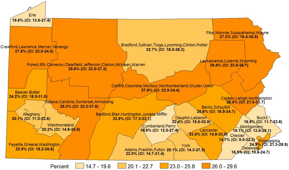 Participated in No Physical Activity in the Past Month, Pennsylvania Health Districts 2016